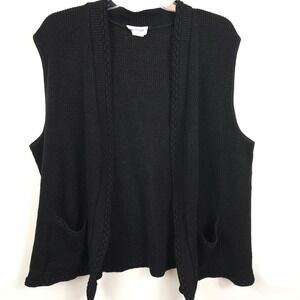 Vtg USA Womens M Black Acrylic Knit Sleeveless Sweater Vest Pockets Casual Chic